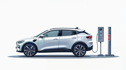 Naklejka premium Modern smart electric SUV vehicle charges at the charging station with plug-in cable. Flat vector concept isolated on white background. Electrifying the future of transportation. Vector illustration