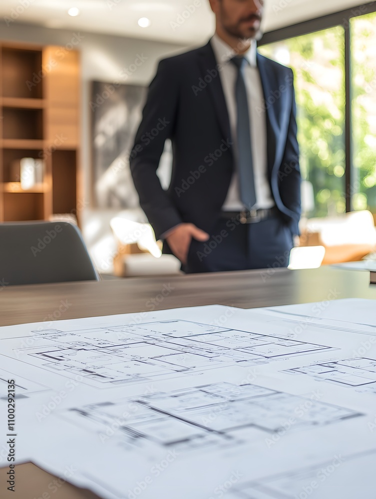 Poster professional architect reviewing blueprints in modern office space with bright natural light and min