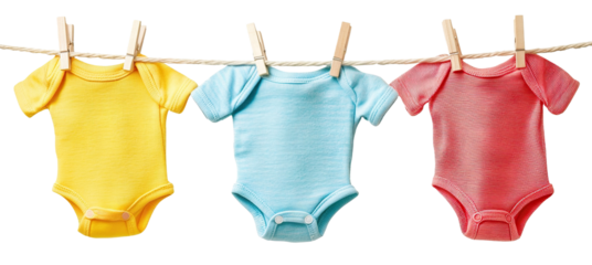 Set of colorful baby clothes hanging on a rope with clothespins, isolated on transparent cutout background