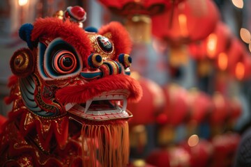 Vibrant chinese dragon mask at lunar new year festival