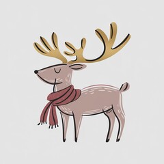 Fototapeta premium Cozy Christmas reindeer illustration wearing a festive red scarf and featuring stylized golden antlers.