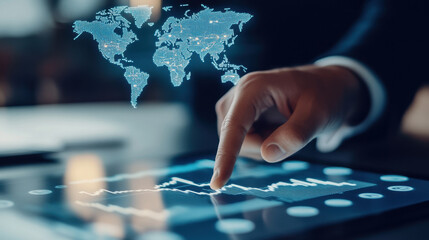 A businessman interacts with a digital interface, analyzing global data trends through a touchscreen display.
