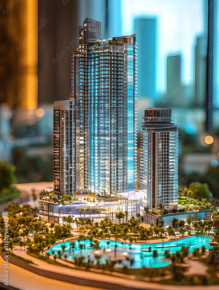 Poster Modern Architectural Model of a Skyscraper with Illuminated Details Surrounded by Lush Greenery and Water Features in an Urban Landscape Setting