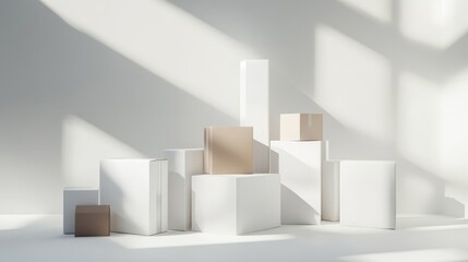 A stack of white boxes is shown in a room