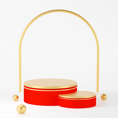 3D red round podium set background with light and shadow. Abstract geometric composition in minimalist design. 3D studio view showroom