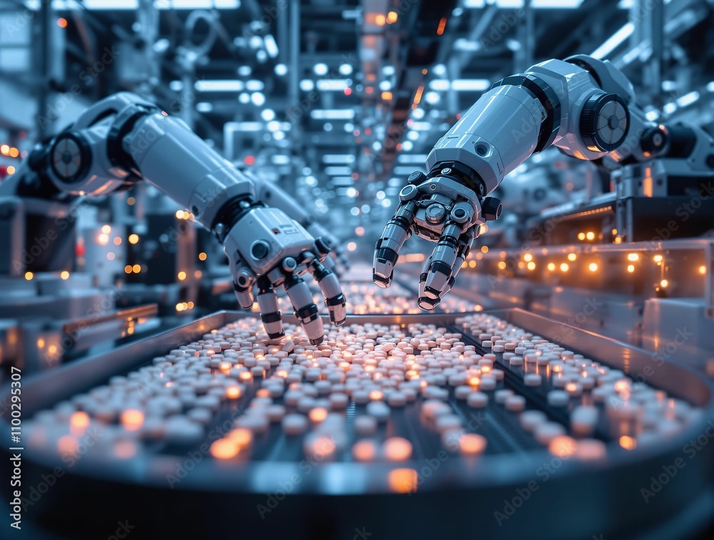 Poster dynamic shot of robotic arms sorting pills in a pharmaceutical plant, glowing lights from the machin