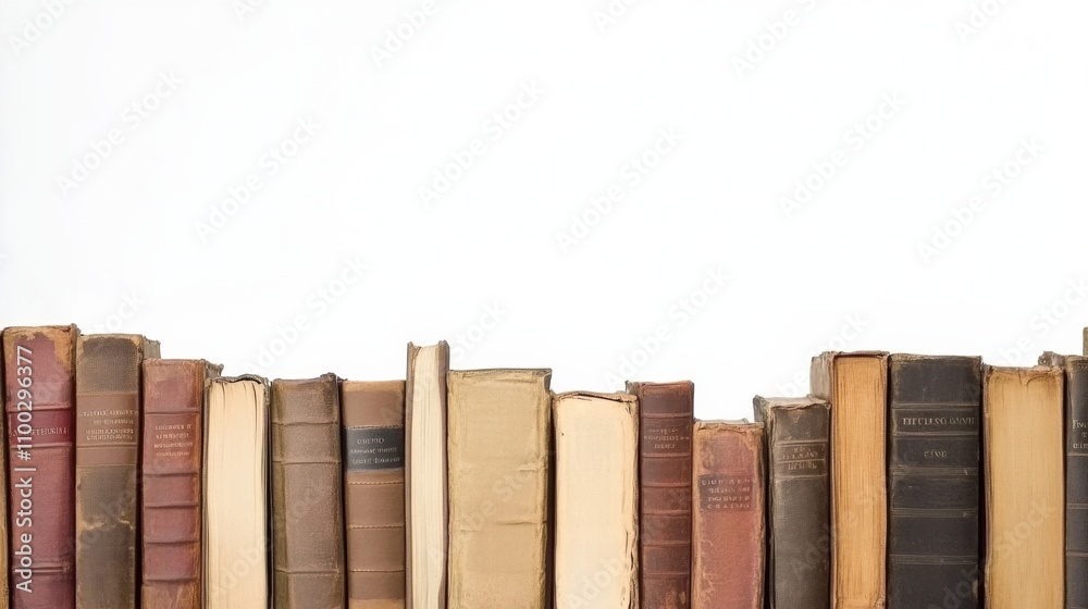 Leinwandbilder a lined collection of books representing different genres rests on a simple white surface, highlight