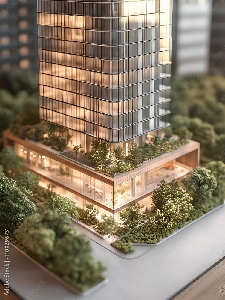 Poster Modern architectural model of a high-rise building surrounded by greenery showcasing sleek design and innovative urban development with a warm glow in daylight.