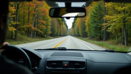 Car driving on a picturesque autumn road surrounded by trees.