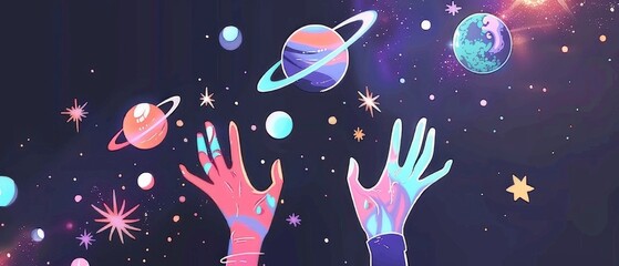 Two pastel hands reach in space amid stars and planets, creating a vivid and deep universe. No text, just immersive mystery.