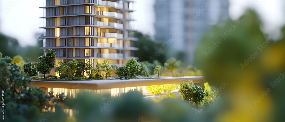 Aufkleber urban architectural model showcasing a modern high-rise building surrounded by lush greenery with so