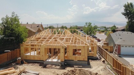 Fototapeta premium New house being built in suburban area, wooden framing underway on sunny day. Other houses with red roofs nearby, garage, cars, and construction materials visible.