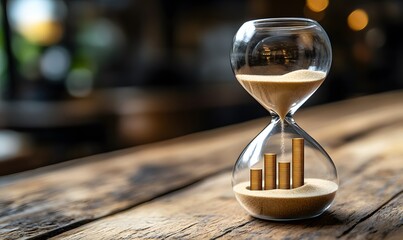 An hourglass with sand falling to build a rising bar chart inside