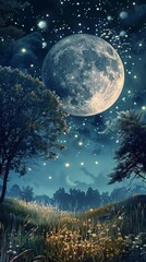 Fototapeta premium A serene scene with a full moon, starry sky, lush field, and two trees. Wildflowers dot the landscape, with a winding path, creating a peaceful ambiance.