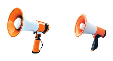 Two colorful megaphones designed for effective communication and announcements. transparent background.