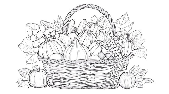 recommend clip art: A charming outline coloring page showing a woven basket filled with vegetables and fruits, such as carrots, grapes, apples, and squash; designed in a whimsical, kid-friendly style