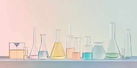 A row of glass beakers and test tubes are lined up on a table. The beakers and test tubes are of various sizes and colors, and they are arranged in a way that creates a sense of order and organization