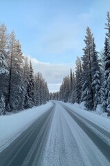 Fototapeta premium A snowy road with trees in the background. The road is empty and the sky is clear