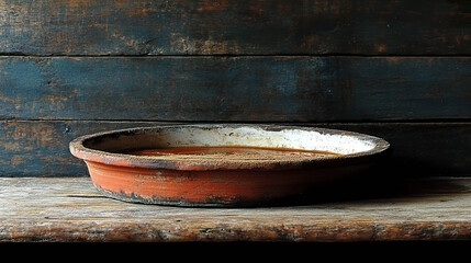 Fototapeta premium Rustic terracotta bowl on antique wooden table. AI-generated