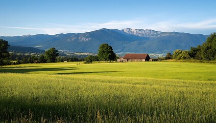 Green meadow with mountains and a rustic barn under clear blue skies in the early morning light