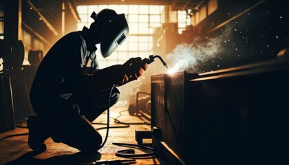 Fototapeta premium A welder working on metal in a workshop, silhouette, action photography, aesthetics,