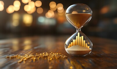 An hourglass with sand falling to build a rising bar chart inside