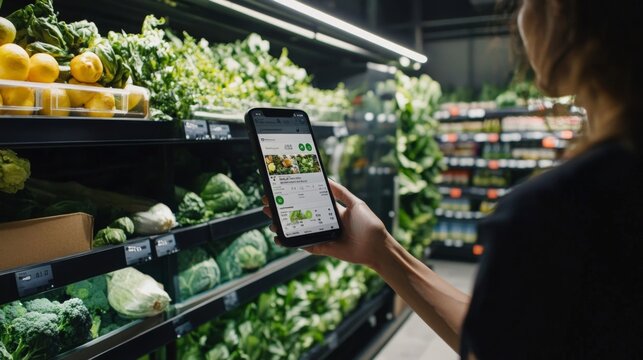 Grocery shopper inspects vibrant vegetables and fruits on shelves, holding a mobile device to assist with selections. The setting highlights fresh greens, creating an inviting atmosphere.