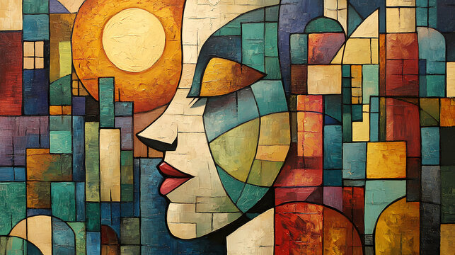 An original oil painting on canvas cubism style, parto of cubism landscapes collection, jut and ordinary day in the city, urban, city life,. Cubism. Illustration
