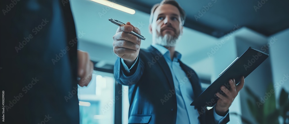 Poster business meeting scene with professional man presenting a document and pen to colleague in modern of