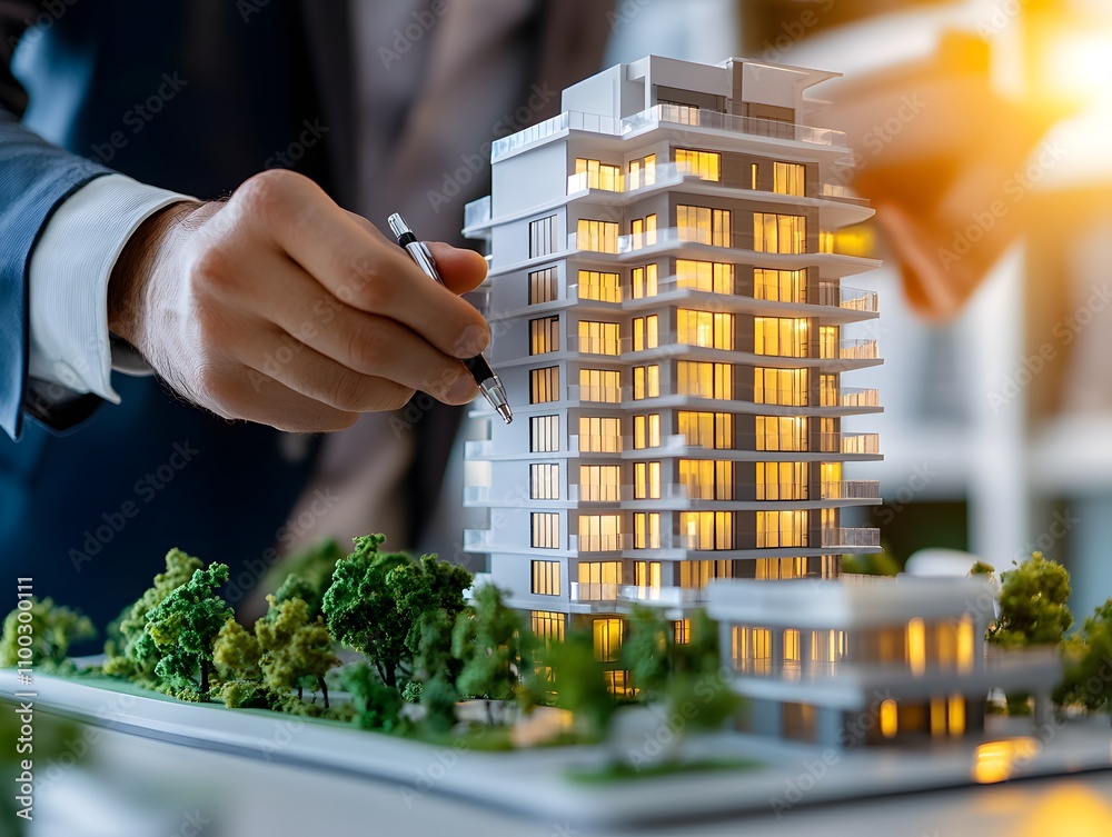 Poster Architect Carefully Adjusts Scale Model of Modern Building with Bright Windows in a Design Studio, Highlighting Urban Development and Creative Planning