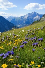 Fototapeta premium A beautiful field of flowers with mountains in the background. The flowers are a mix of yellow and blue, creating a vibrant and lively atmosphere. The mountains in the distance add a sense of grandeur