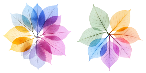 Colorful translucent leaf patterns in floral arrangement for artistic and nature-inspired design,Cutout, Isolated on White Background