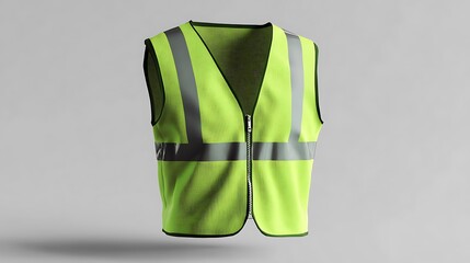 Realistic 3D safety vest mockup with functional zip and reflective design, neon green personal protection