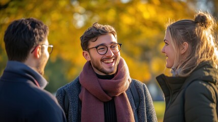 Fototapeta premium Students chatting and laughing together in autumn park