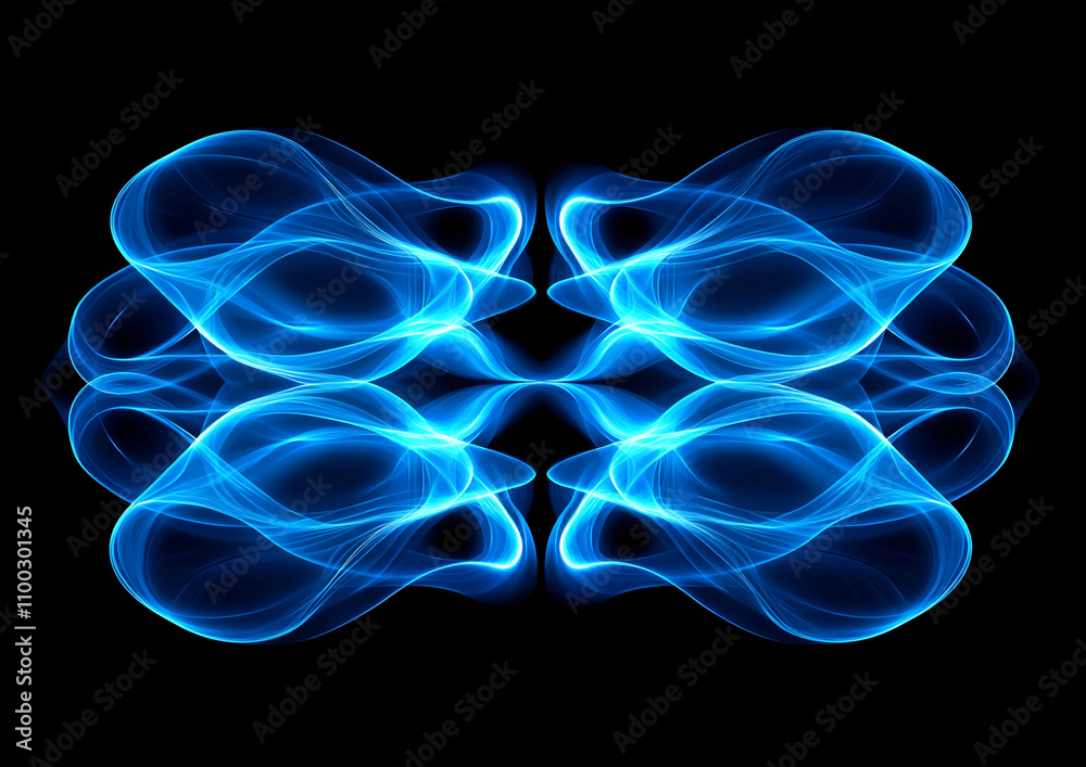 Poster bright blue wisps of light create an intricate pattern against a black background, showcasing fluid 