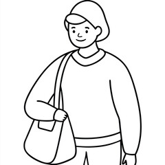 Obraz premium Simple Line Art Illustration of a Young Person with Casual Outfit Carrying a Bag, Minimalist Vector Design, Friendly and Stylish Character Sketch ​