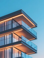 Fototapeta premium Modern Architectural Design of a Stylish Residential Building with Illuminated Balconies at Dusk Showcasing Sleek Glass and Contemporary Lines Against a Clear Sky