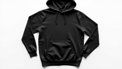 A versatile mockup black blank hoodie on a white background, showing a detailed and realistic fabric texture.