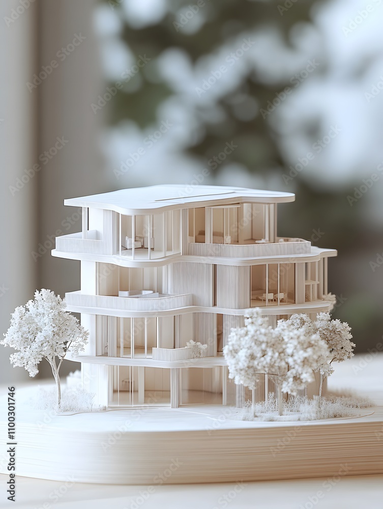 Aufkleber Architectural Model of a Modern Multi-Storey Building with Elegant Curves and Natural Elements, Showcasing Minimalist Design Aesthetic and Sophisticated Structure