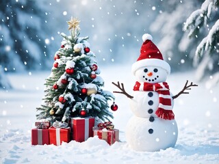 Obraz premium Snowman and decorated Christmas tree in a snowy winter landscape with falling snowflakes