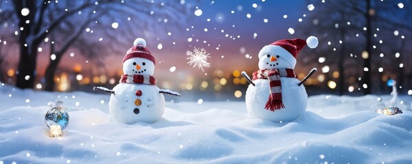 Fototapeta premium Snowmen celebrate winter in a snowy landscape with snowflakes falling at twilight