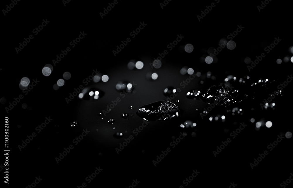 Poster Water droplets glimmer on a dark surface, creating a striking contrast and delicate visual texture
