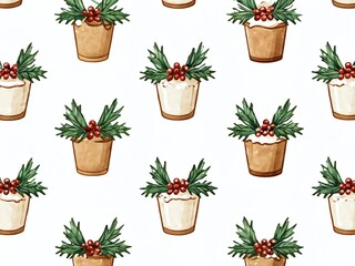 Fototapeta premium Festive plant pattern featuring decorative pots with leaves and berries for seasonal decor