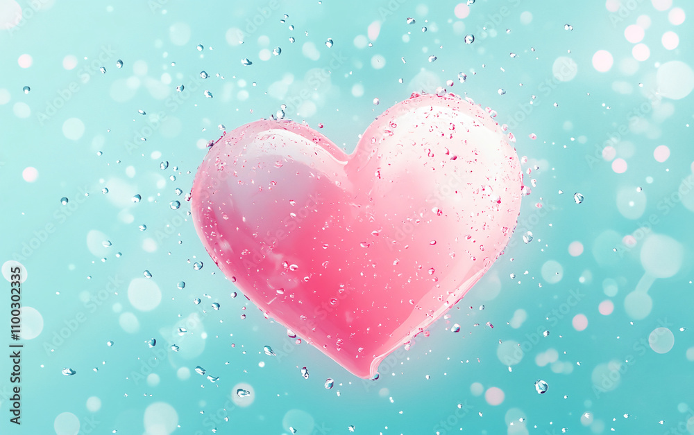 Poster Heart-shaped object surrounded by water droplets creates a whimsical atmosphere in pastel colors