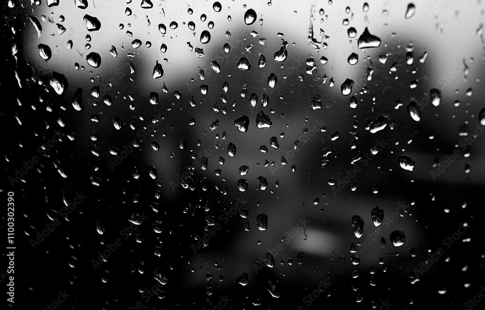 Poster Raindrops glisten on a window pane during a rainy day in the city as shadows of trees emerge in the background