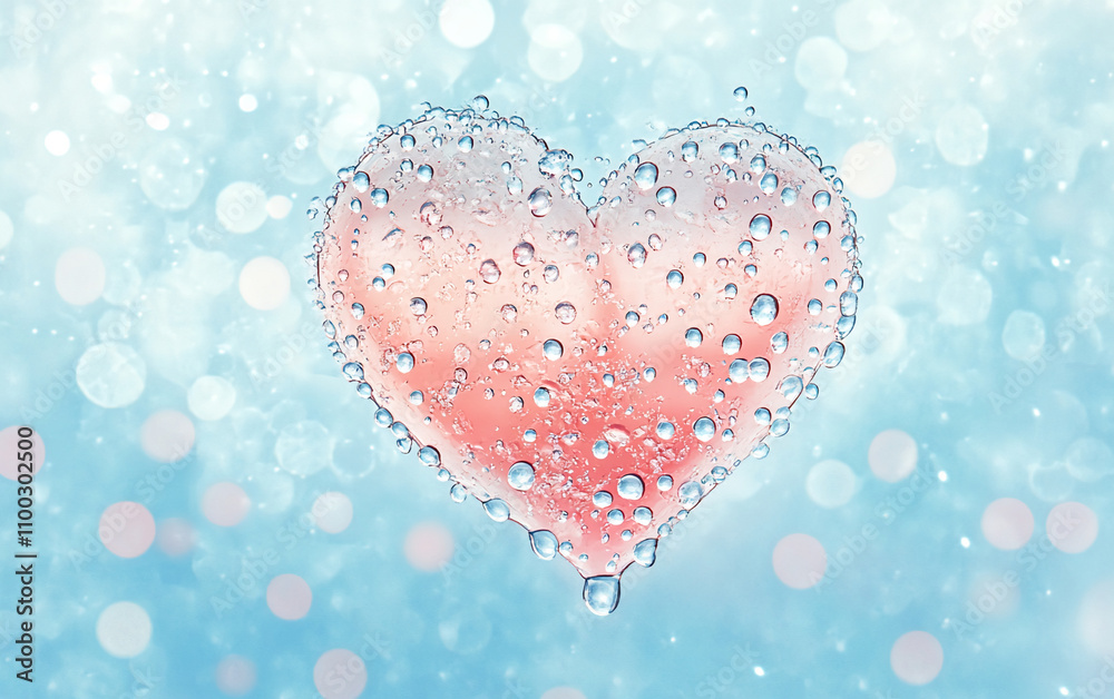 Poster Heart shape created with water droplets and soft bokeh background in pastel colors