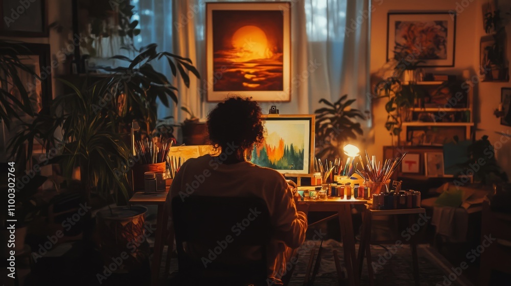 Aufkleber An artist works intently at a desk filled with paintbrushes and colorful paints, surrounded by plants and warm evening light. The atmosphere is inviting and reflects a passion for art and creativity.