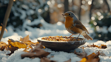 A Serene Winter Landscape Featuring a Feed Station for Robins in a Snowy Hungarian Garden