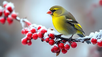 A Charming European Greenfinch Scavenging for Seeds in a Frosty Rural Hungarian Garden During Winter