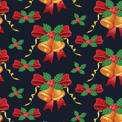 Christmas seamless vector pattern on black background with bells and berries.